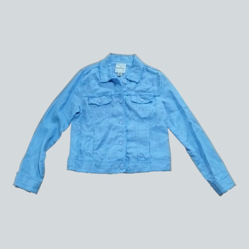 Tommy Bahama Womens Small Blue Linen Button Front Cropped Jacket Shacket
